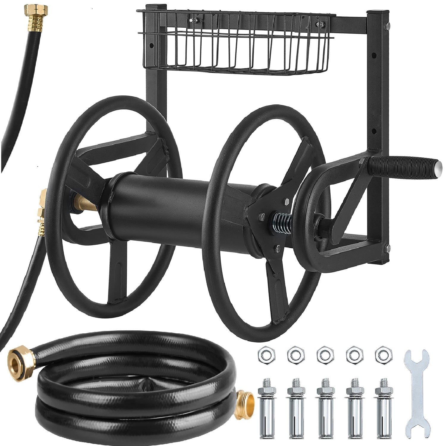 VEVOR - Wall Mounted Garden Hose Reel, Holds 125 ft 5/8-inch Hose, Heavy-Duty Water Hose Winder, Space-Saving Design - Black