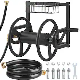 VEVOR - Wall Mounted Garden Hose Reel, Holds 125 ft 5/8-inch Hose, Heavy-Duty Water Hose Winder, Space-Saving Design - Black