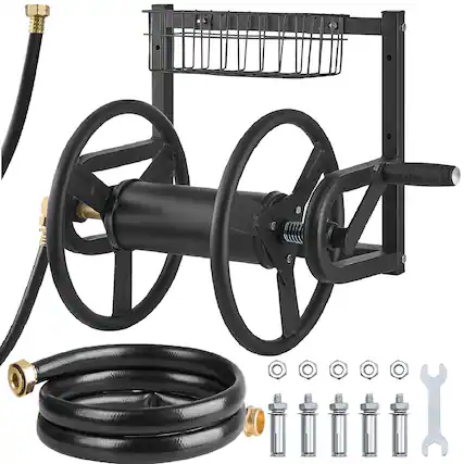 Front. VEVOR - Wall Mounted Garden Hose Reel, Holds 125 ft 5/8-inch Hose, Heavy-Duty Water Hose Winder, Space-Saving Design - Black.