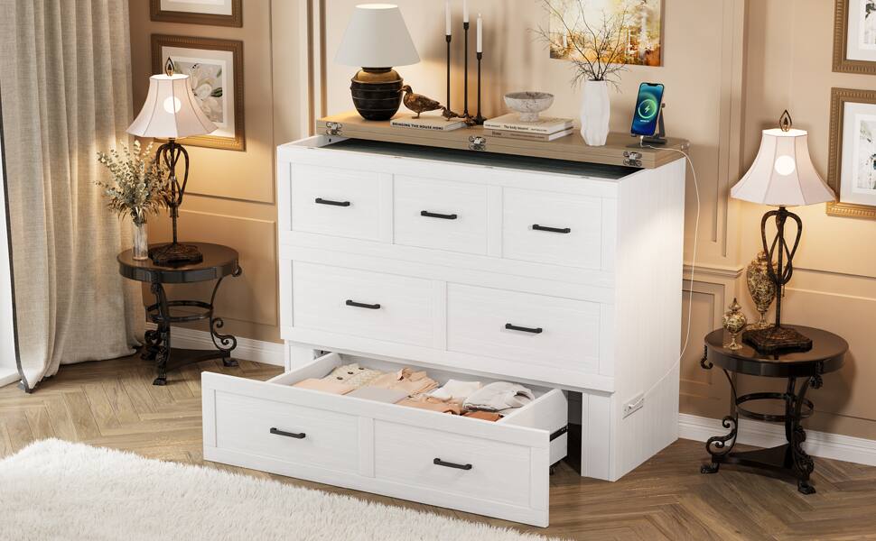 Alt View 9. Tiramisubest - Murphy Bed Cabinet Full Size with Charging Station, Multi-Functional Foldable Platform Bed with 1 Storage Drawer - White.