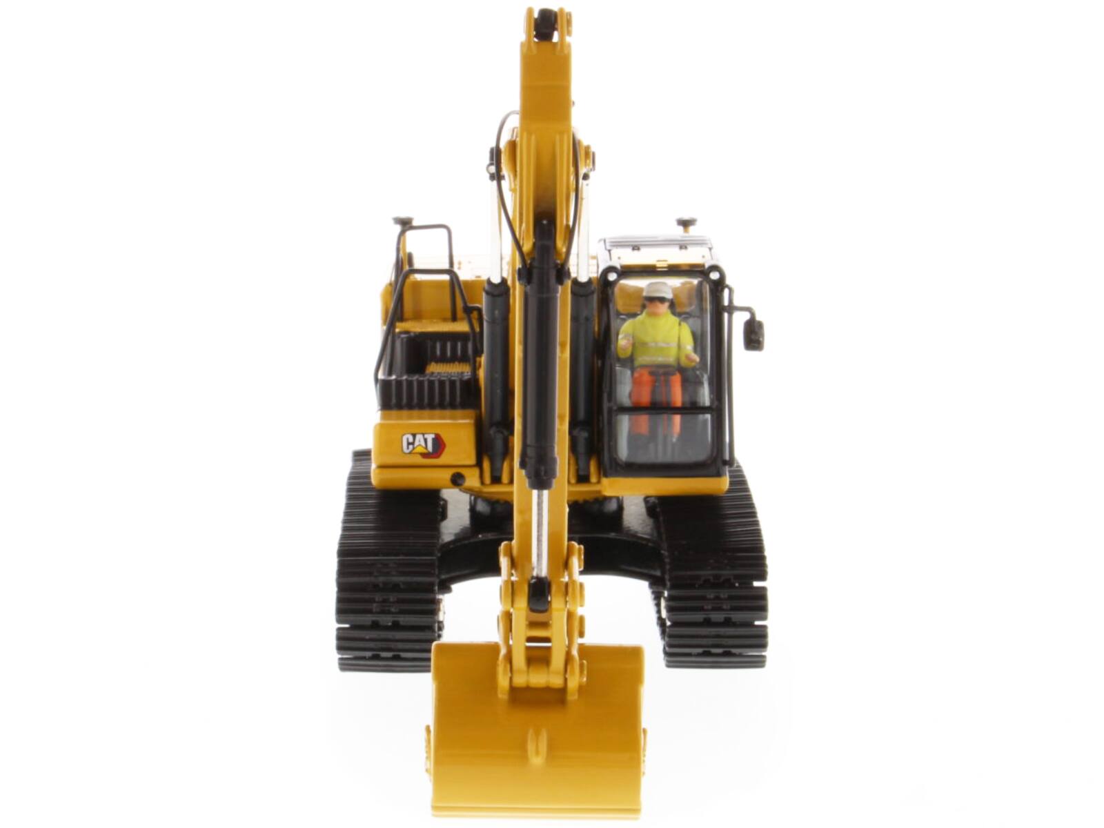 Left. Diecast Masters - Cat Caterpillar 330 Hydraulic Excavator Next Generation with Operator "High Line Series" 1/50 Diecast - Yellow.