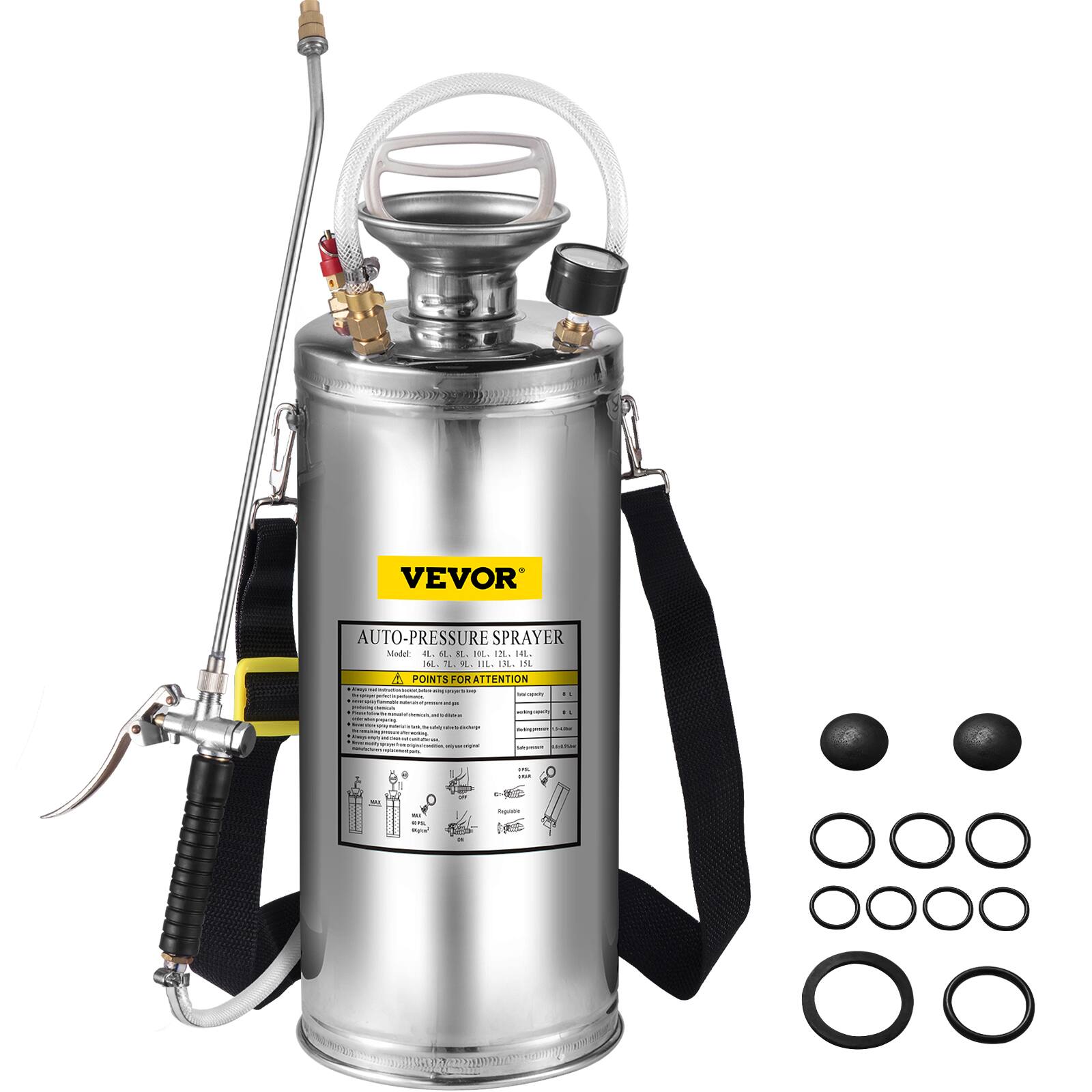 VEVOR - 2Gal Stainless Steel Sprayer, Set with 20\" Wand& Handle& 3FT Reinforced Hose - White