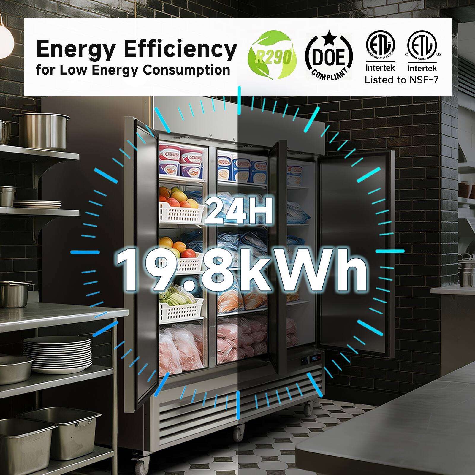 Energy Efficiency for Low Energy Consumption

ETD smen C ETL US R290 DOE ONTAOM

Intertek Intertek COMPLIANT Listed to NSF-7

24H 19.8kWh