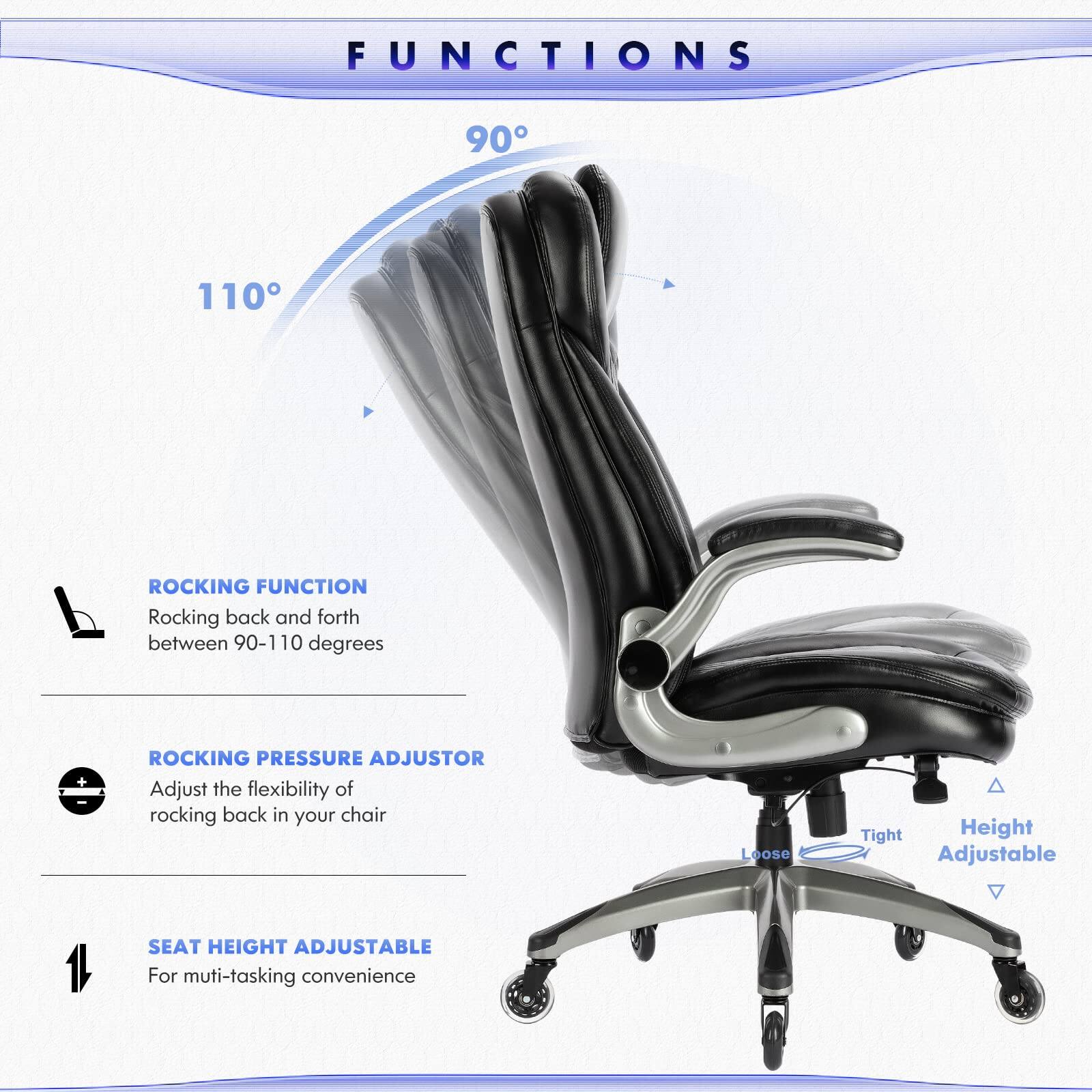 FUNCTIONS

- ROCKING FUNCTION
  - Rocking back and forth between 90-110 degrees

- ROCKING PRESSURE ADJUSTER
  - Adjust the flexibility of rocking back in your chair

- SEAT HEIGHT ADJUSTABLE
  - For multi-tasking convenience