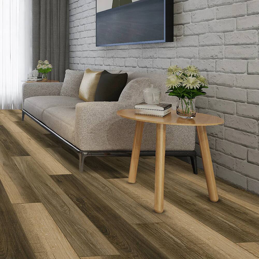 Angle. Dotfloor - 48"x7.2" SPC Composite Flooring; 10 Planks/Box (23.9 sq. ft/Box); 6mm Thick with 1mm IXPE Backing; 20 mil Wear Layer; - Yellowtail Leaf.