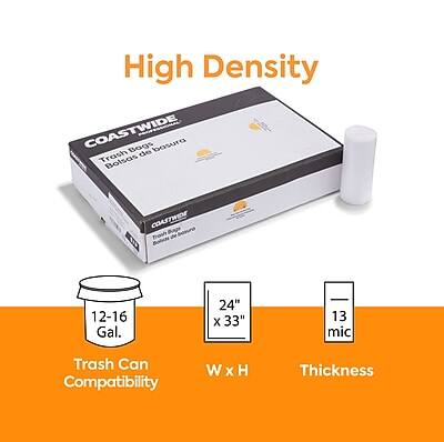 High Density  
COASTWIDE Trash Bags  
Basura Trash de Bolsas  
12-16 Gal.  
24" x 33"  
13 mic  
Trash Can Compatibility  
W x H  
Thickness