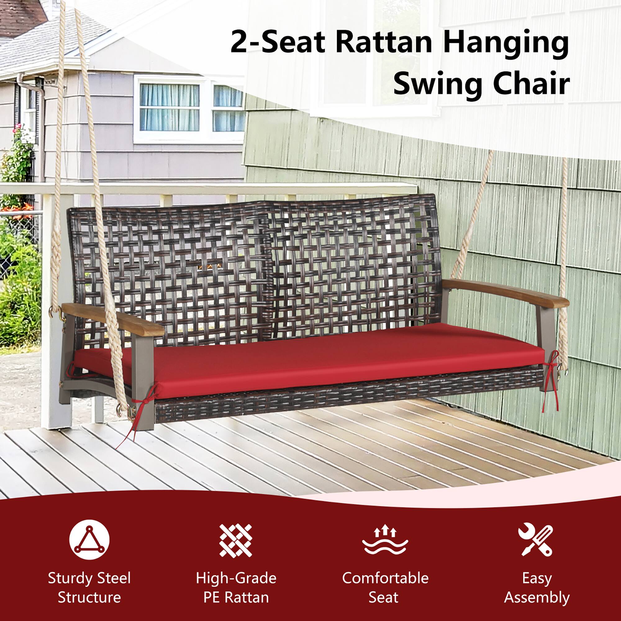2-Seat Rattan Hanging Swing Chair

- Sturdy Steel Structure
- High-Grade PE Rattan
- Comfortable Seat
- Easy Assembly
