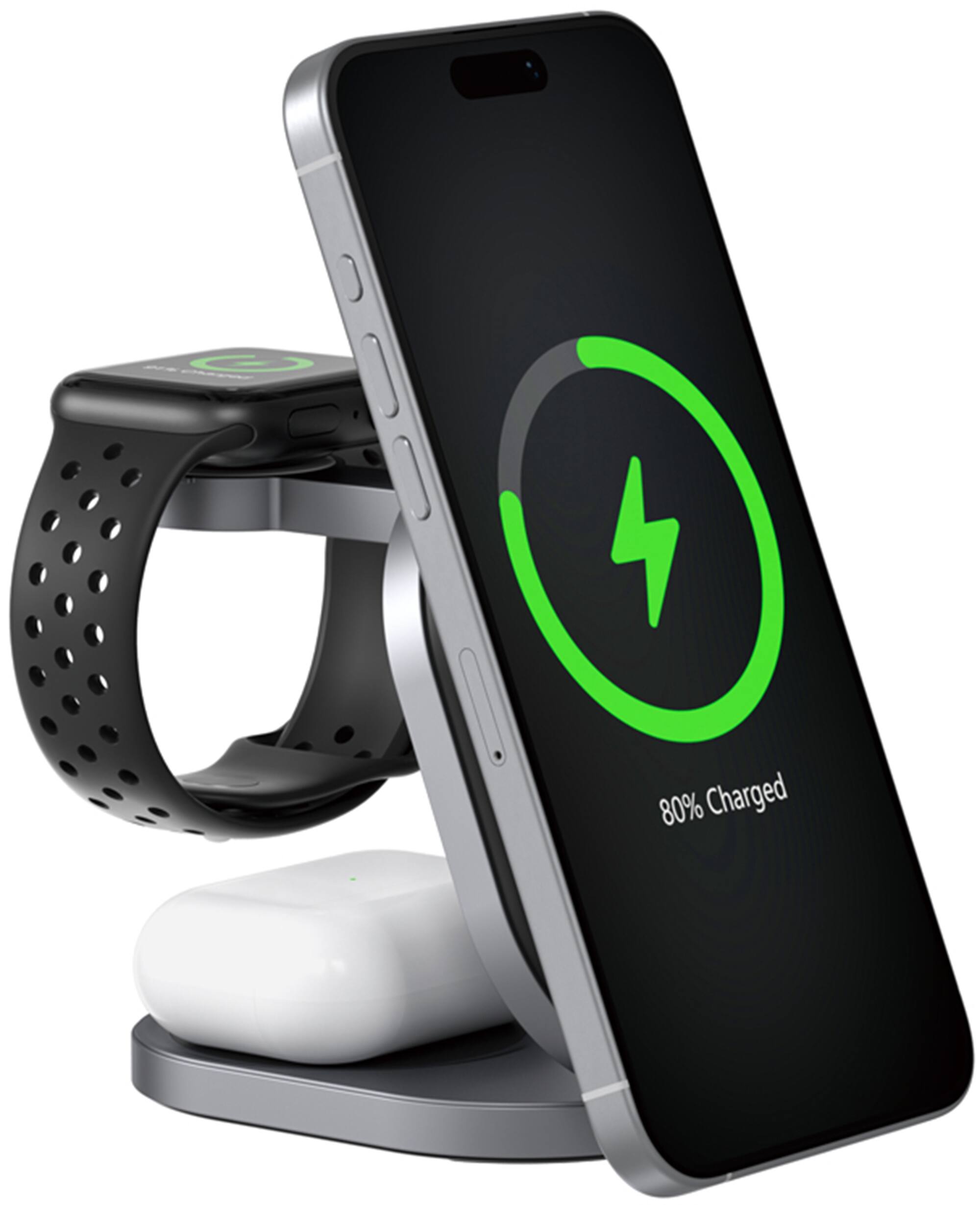 Zike - 3-in-1 Qi2 15W Wireless Charger Station, Foldable Charger for iPhone 16/15/14/13/12 Series, Apple Watch and AirPods - Gray