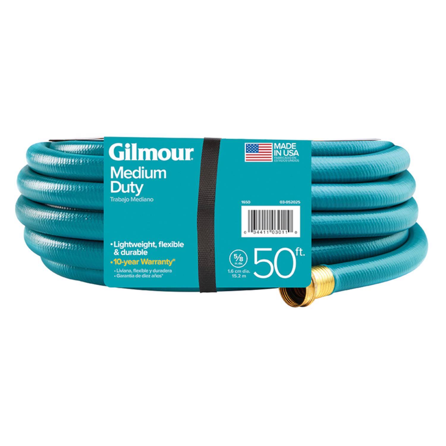 Gilmour Medium Duty  
Trabajo Mediano  
MADE IN USA  

Lightweight, flexible & durable  
10-year Warranty  
Ligera, flexible y duradera  
Garantía de diez años  

50 ft.  
5/8"  
15.2 m  

03-012023