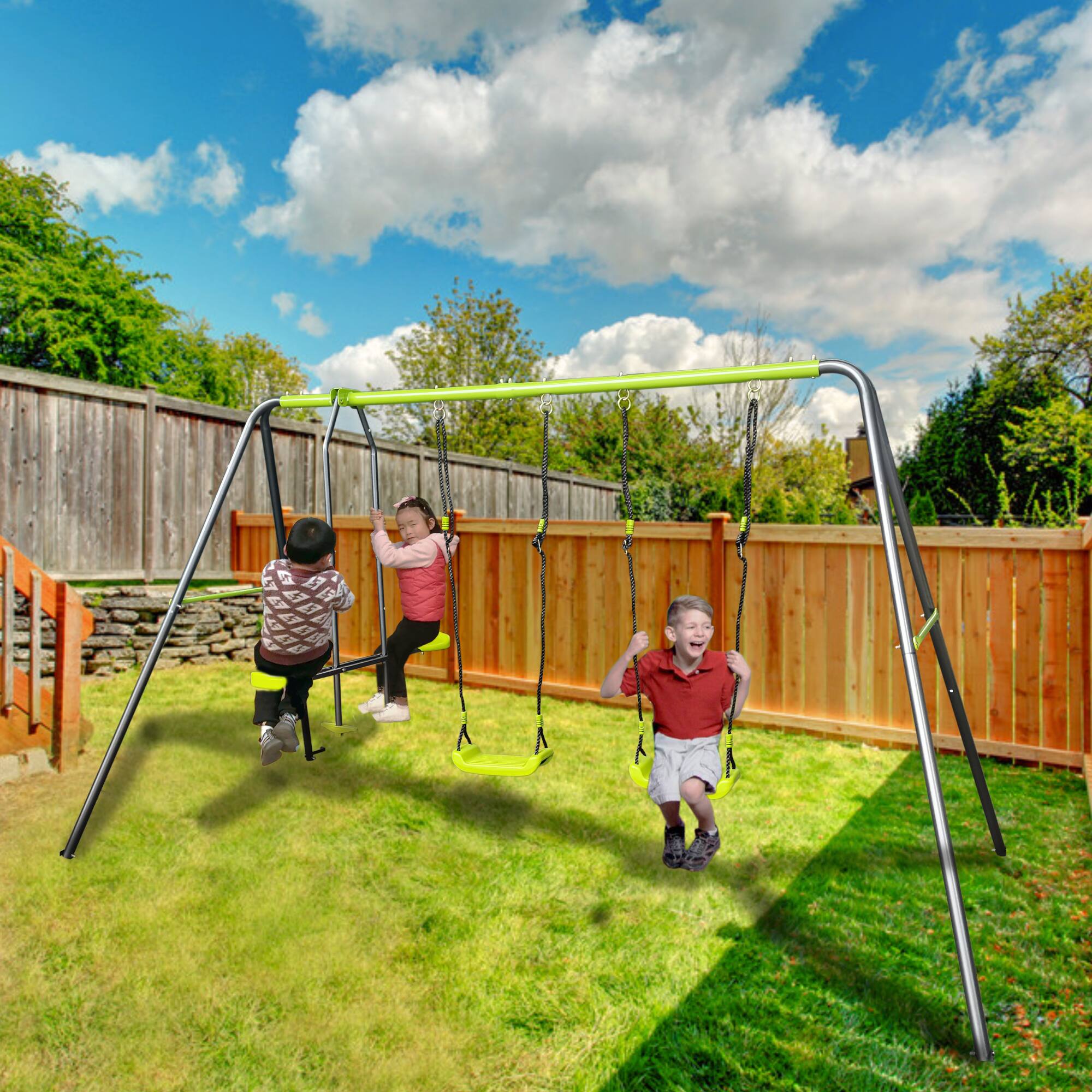 Back. Loheer - 11.16 ft Metal Swing Set with Face-to-Face Glider and 2 Belt Swings for Backyard - Lime green.