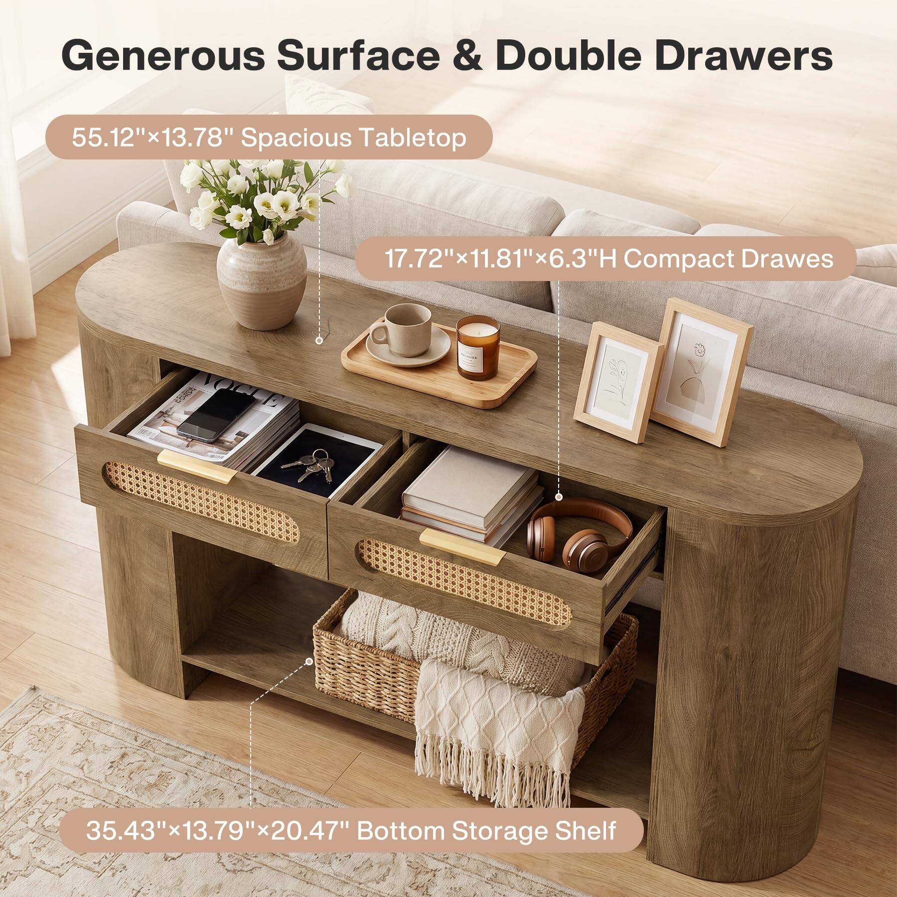 Generous Surface & Double Drawers

55.12"x13.78" Spacious Tabletop

17.72"x11.81"x6.3"H Compact Drawers

35.43"x13.79"x20.47" Bottom Storage Shelf
