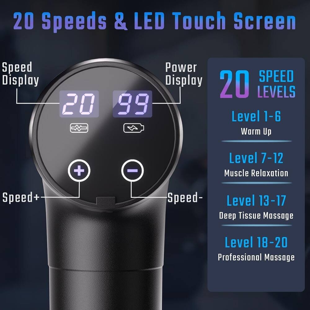 20 Speeds & LED Touch Screen

Speed Display: 20  
Power Display: 99

Speed+  
Speed-  

20 SPEED LEVELS

Level 1-6: Warm Up  
Level 7-12: Muscle Relaxation  
Level 13-17: Deep Tissue Massage  
Level 18-20: Professional Massage
