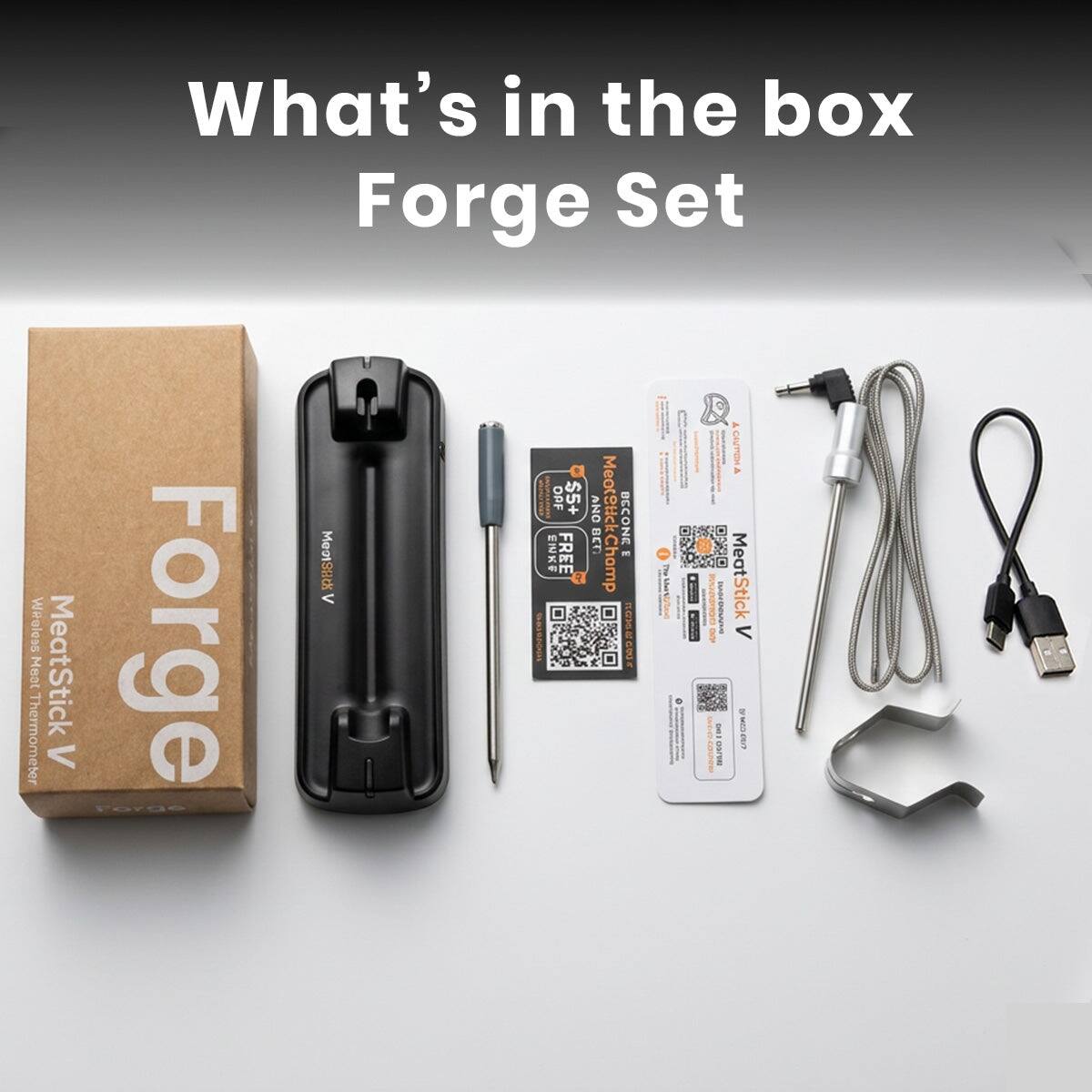 What's in the box Forge Set Weeless Forge Meat MeatStick Thermometer A Farde MemsHc < OPF $5+ * FREE 1 AN ONV BCCONE  MeoteHckChomp - J001 ! i  CAUTION i :  MeatStick  < 1 I a I