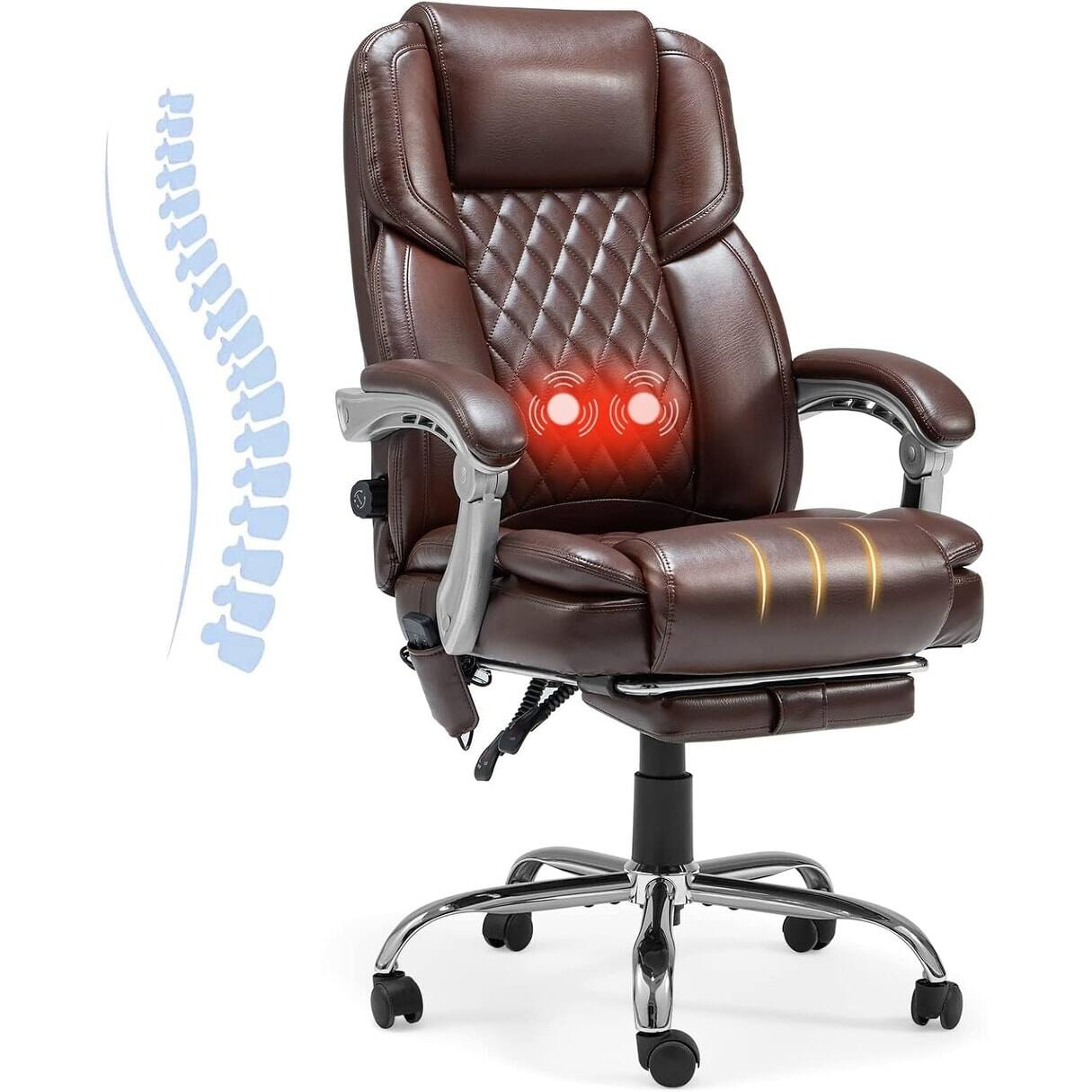 U-HOMY - Ergonomic Office Chair with 2-Point Massage, Reclining Backrest, Lumbar Support, Footrest - Brown