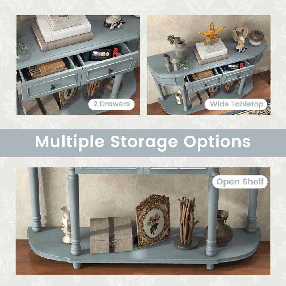 2 Drawers  
Wide Tabletop  
Multiple Storage Options  
Open Shelf