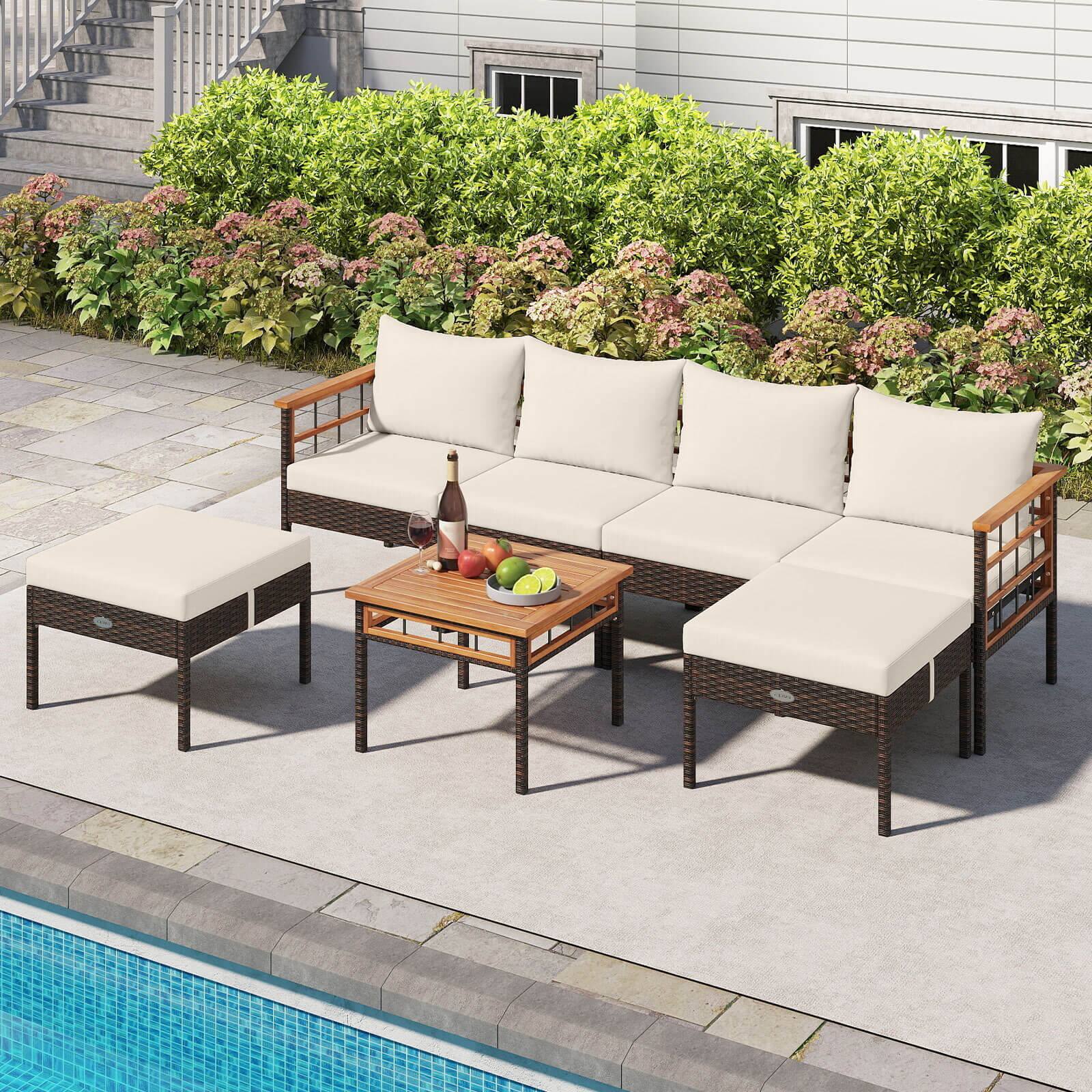 Alt View 4. Costway - Costway 7 PCS Wicker Furniture Set with Ottomans Side Table Acacia Wood Tabletop Armrests - Mix Brown,White.