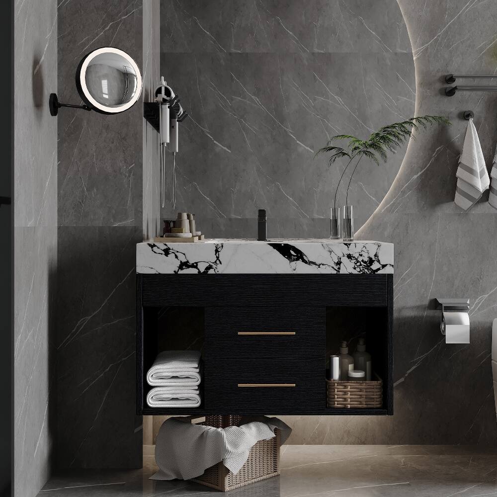 Alt View 2. Loheer - Loheer 29.9 inch floating bathroom vanity with sintered stone top and ceramic undermount sink for small bathrooms - Black.