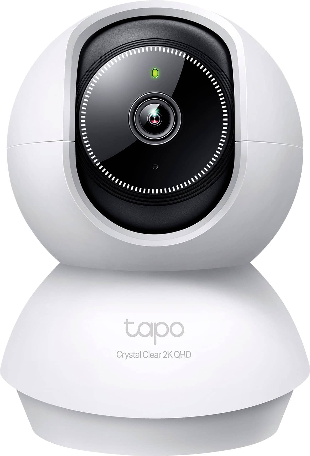 The text on the image reads "tapo Crystal Clear 2K QHD," which is a description of the camera's features. The camera is a white, round device with a black ring around the lens. It is designed to provide high-quality video and image capture, with a resolution of 2K QHD.