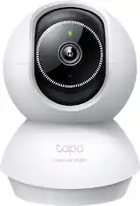 The text on the image reads "tapo Crystal Clear 2K QHD," which is a description of the camera's features. The camera is a white, round device with a black ring around the lens. It is designed to provide high-quality video and image capture, with a resolution of 2K QHD.