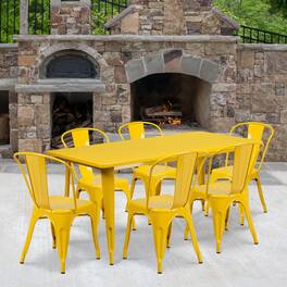 Emma + Oliver - Commercial Grade Rectangular Metal Indoor-Outdoor Table Set with 6 Stack Chairs - Yellow