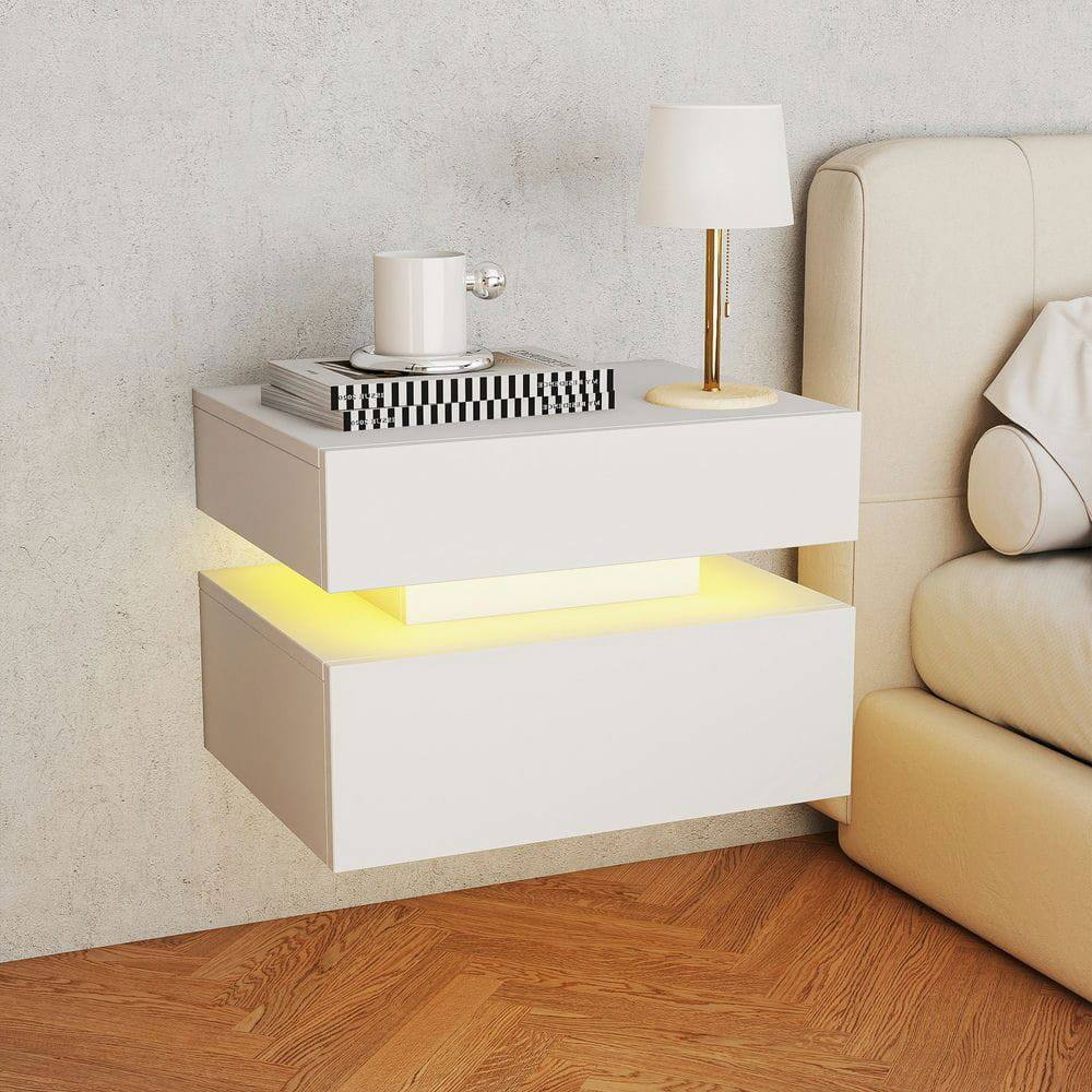 Alt View 7. Kadyn - Wall-Mounted LED Nightstand with 2 Drawers and 3 Light Modes for Bedroom, White - White.