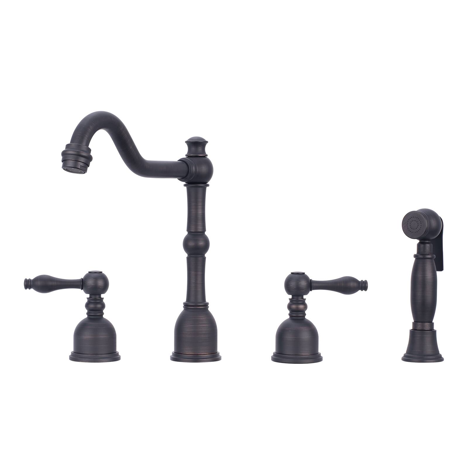 Solid Brass Two-Handles 360° Swivel Widespread Kitchen Faucet with Side Sprayer in Oil Rubbed Bronze