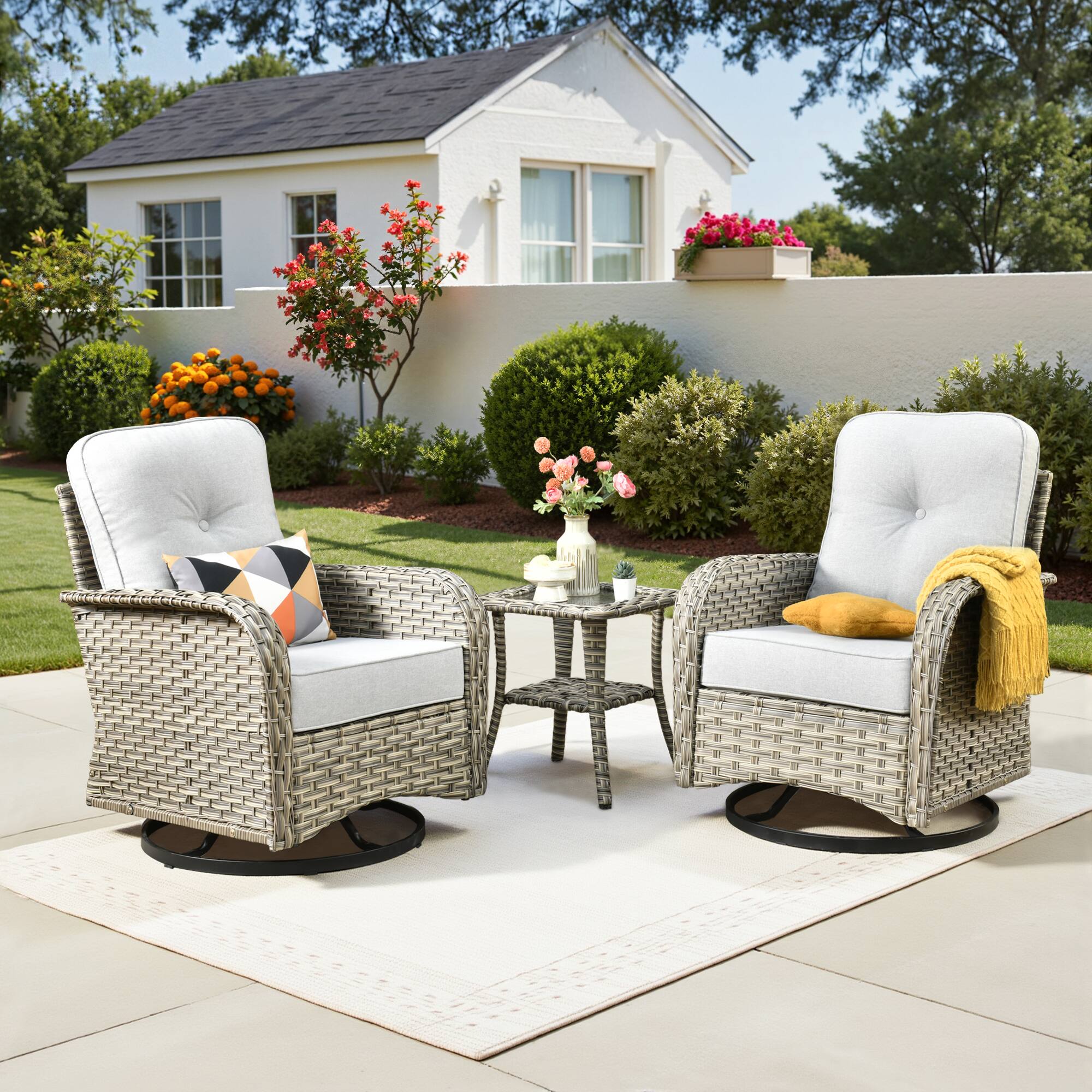 Ovios - 3 PCS Patio Rocker Set, Wicker Rocking Chairs, Rattan Swivel Chairs with Side Table - Gray