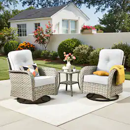 Ovios - 3 PCS Patio Rocker Set, Wicker Rocking Chairs, Rattan Swivel Chairs with Side Table - Gray