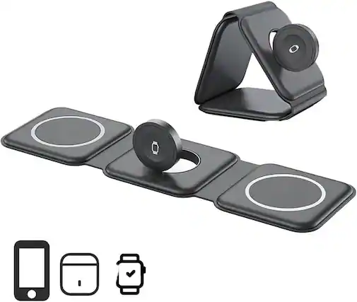 Front. YONWAY - Wireless Charger, 3 in 1 Charging Station, Foldable Magnetic Mag-Safe Travel Charger, for iPhone, iWatch & Airpods.
