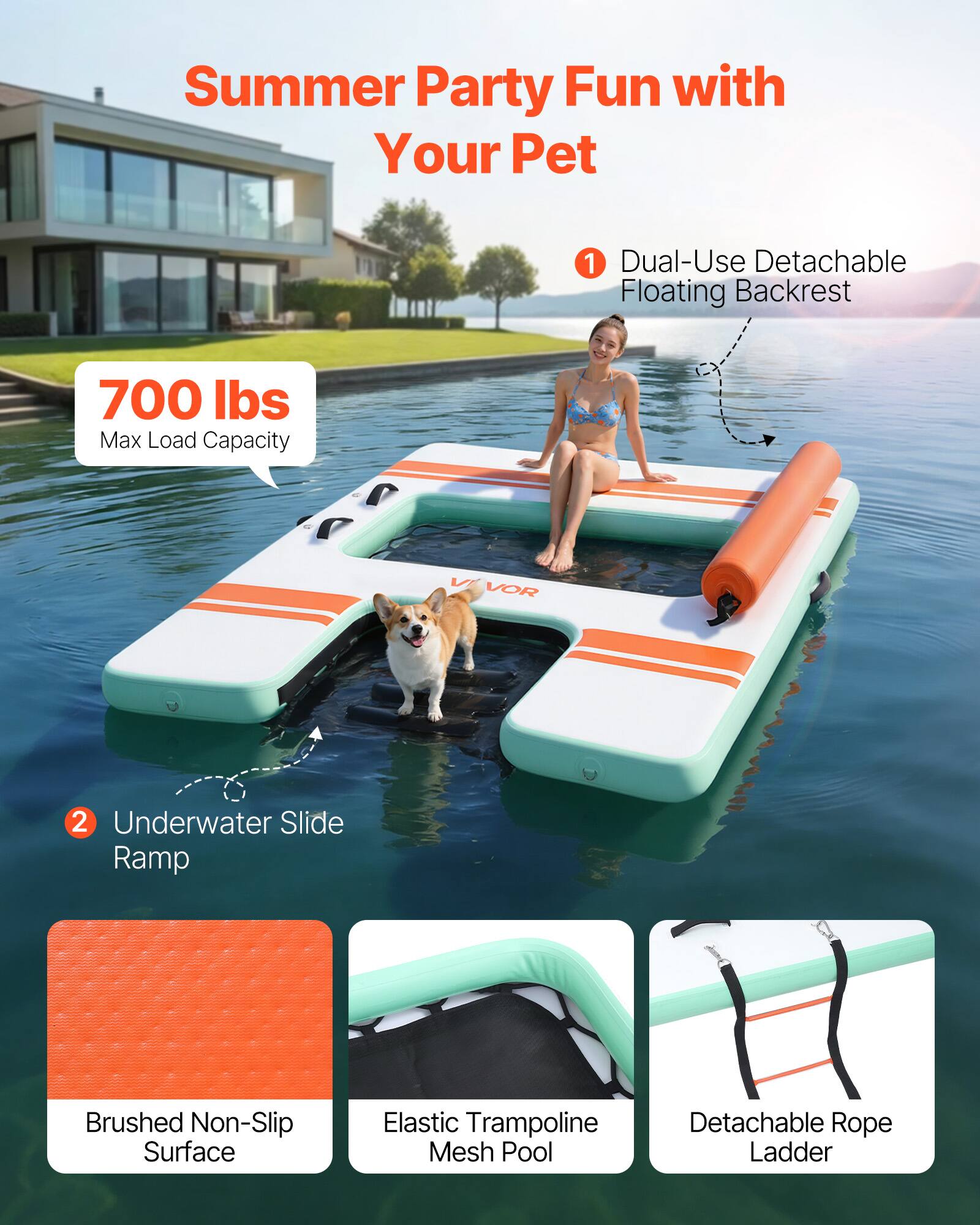 Summer Party Fun with Your Pet

1. Dual-Use Detachable Floating Backrest
2. Underwater Slide Ramp

700 lbs Max Load Capacity

- Brushed Non-Slip Surface
- Elastic Trampoline Mesh Pool
- Detachable Rope Ladder
