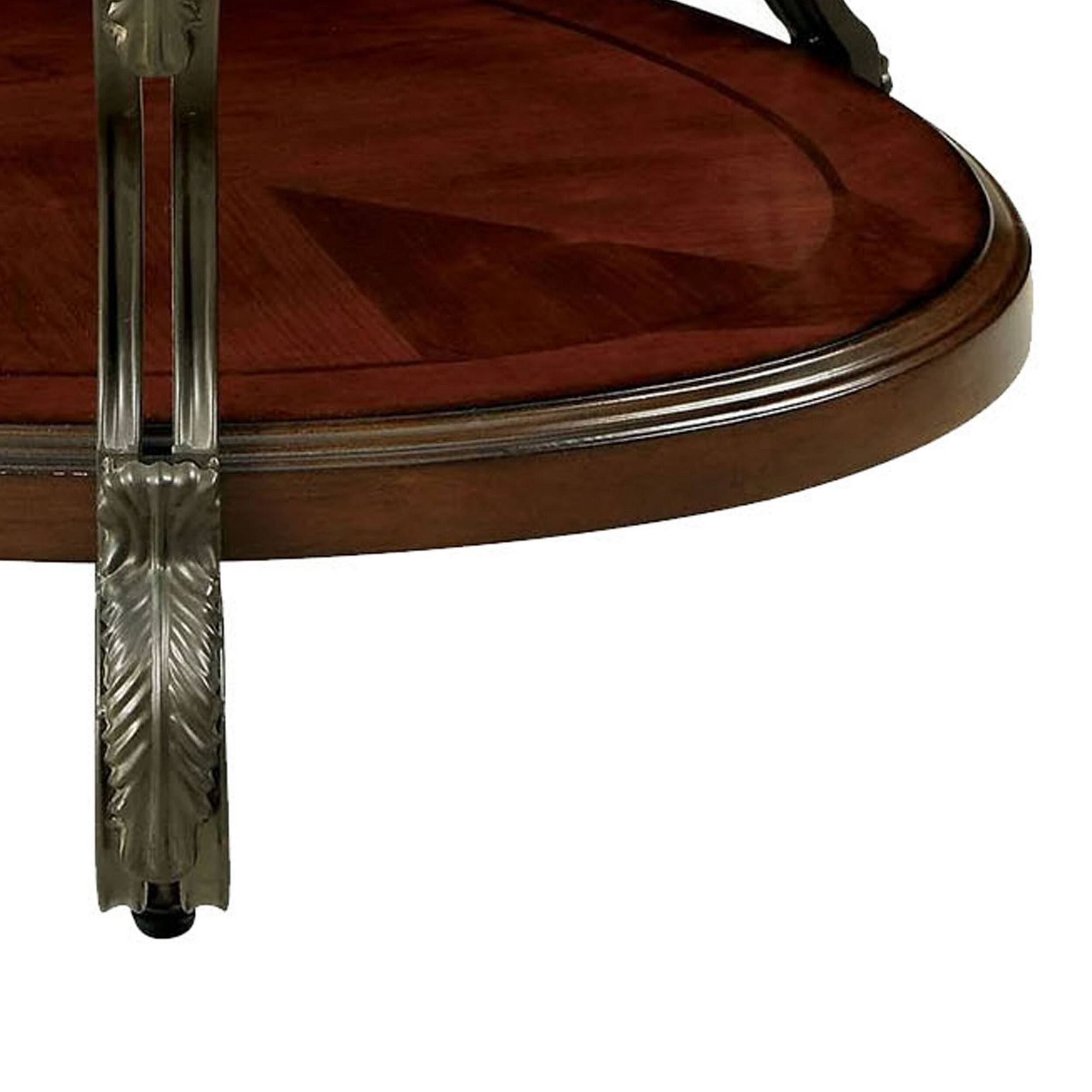 Alt View 3. Manhattan Lane - 48 Inch Oval Coffee Table, Glass Top, Scrolled Metal Legs, Cherry Brown - Brown.