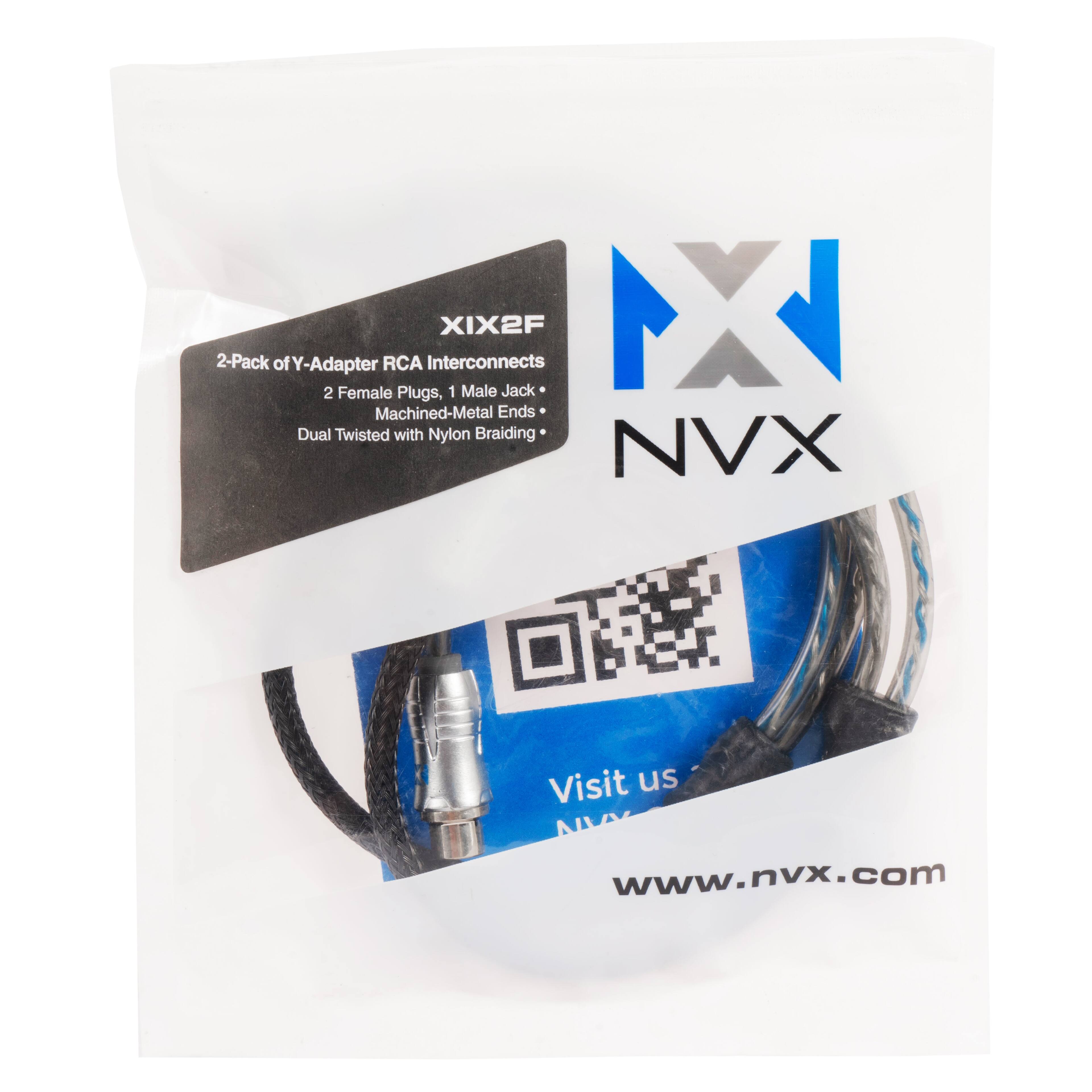 2-Pack of Y-Adapter RCA Interconnects  
XIX2F  
2 Female Plugs, 1 Male Jack  
Machined-Metal Ends  
Dual Twisted with Nylon Braiding  

Visit us  
www.nvx.com