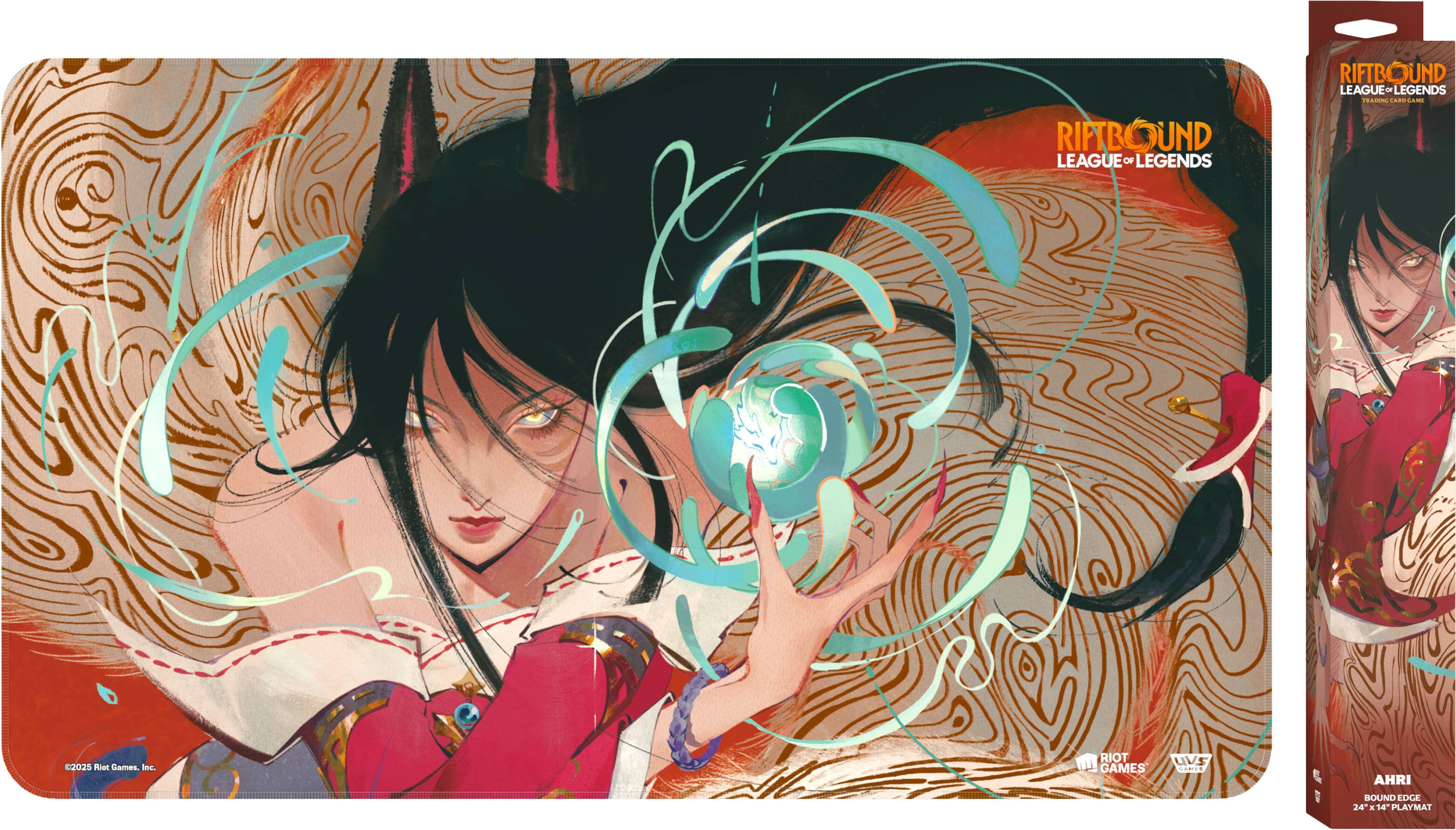RIFTBOUND LEAGUE OF LEGENDS  
C2025  
RIOT GAMES UVS ANI.  
AHRI BOUND EDGE  
24" x 18" PLAYMAT  

2023 Next Games Inc.
