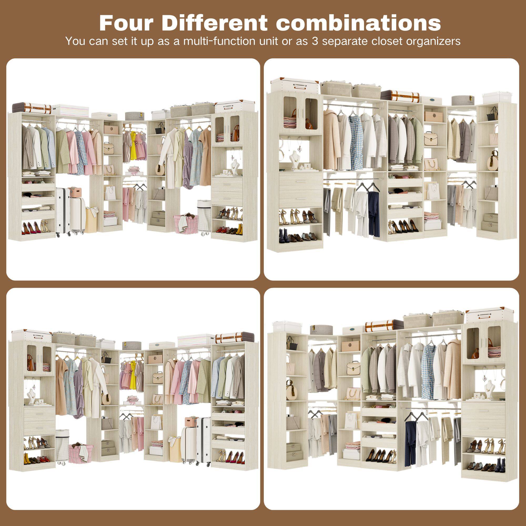Four Different combinations  
You can set it up as a multi-function unit or as 3 separate closet organizers