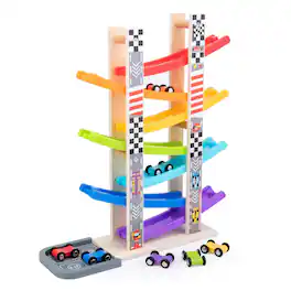 Vulpecula Spade - Wood City Toddler Toys for 1 2 3 Years Old, Wooden Car Ramp Racer Toy Vehicle Set with 7 Mini Cars & Race Tracks,