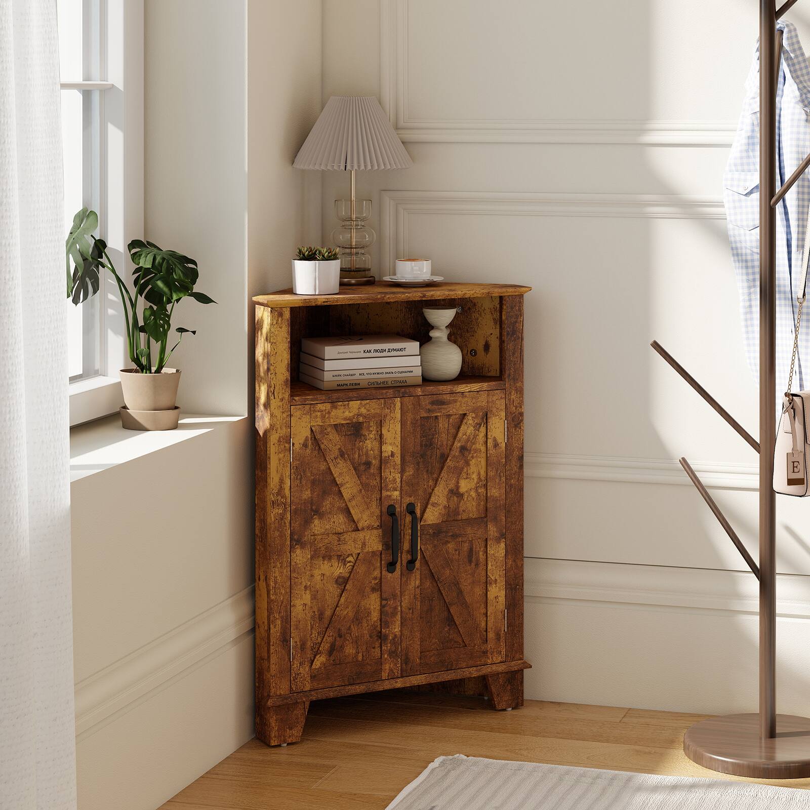 Alt View 4. Costway - Costway 2-Door Sideboard Organizer Cabinet with Open Storage & Adjustable Shelf for Living Room - Rustic Brown.