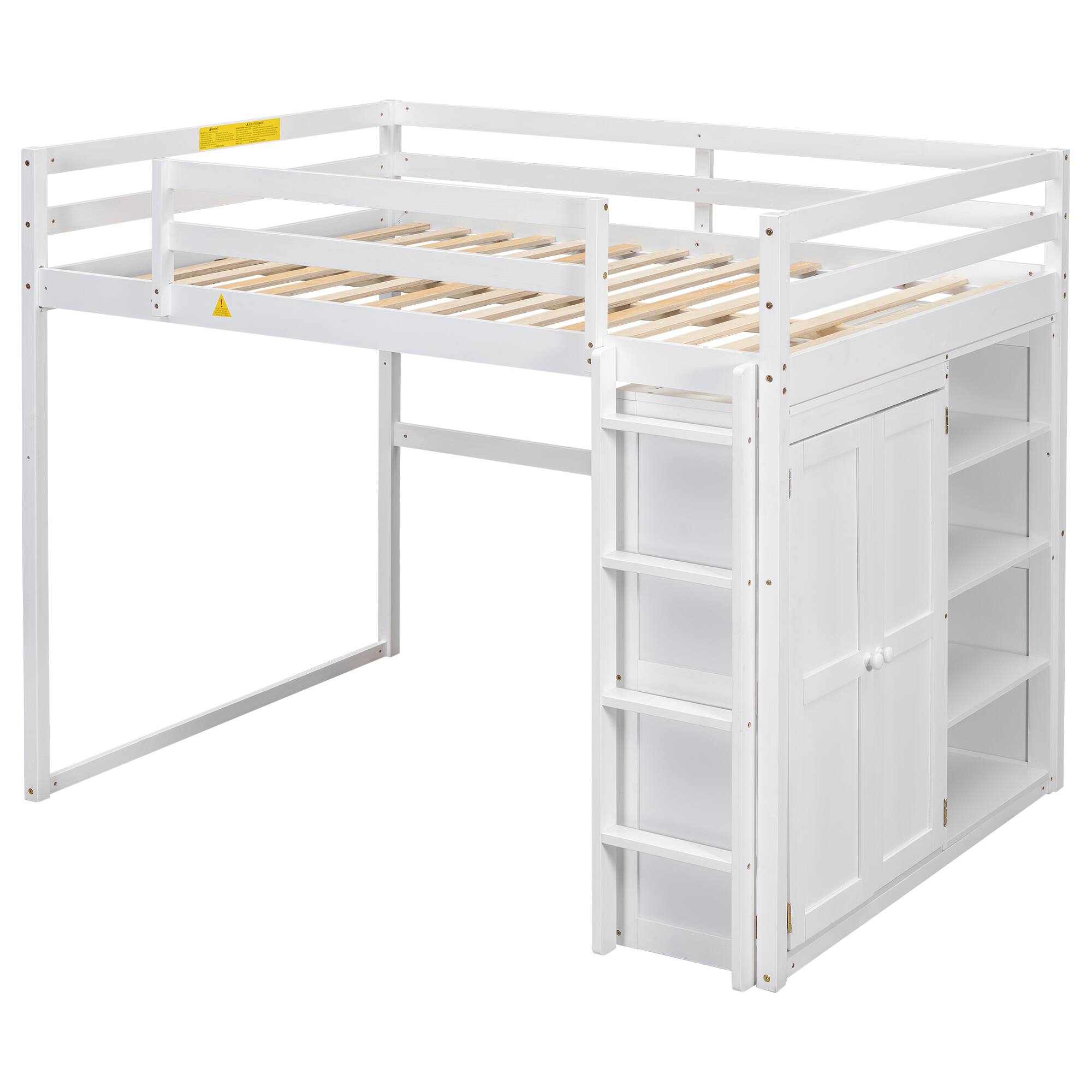 Back. Whisen - Full Size Loft Bed with Built-in Wardrobe, Storage Shelves and LED Light, Wood Frame - White.