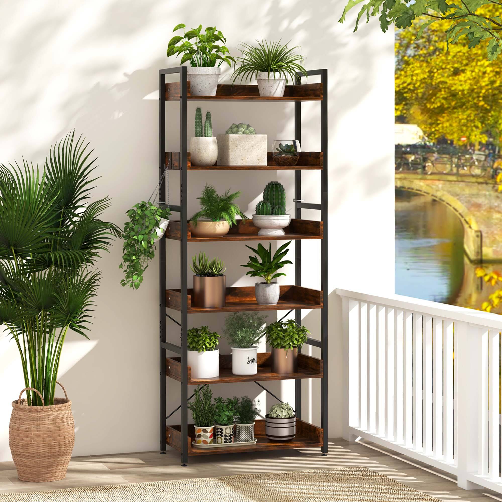 Alt View 3. Costway - Costway 2 PCS 6-Tier Bookshelf Open Display Shelves Storage Rack Metal Frame with 4 Hooks - Rustic Brown,Black.