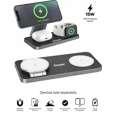 100% Charged
15W 15W Charging Speed
Energizer
Devices sold separately.
Magnetic Charging
Charge 3 Devices at Once
Foldable Design
Premium Build Quality
Apple & Android Compatible
Travel Ready