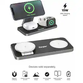 Energizer - 3-in-1 15W Magnetic MagSafe/Qi2 Fast 15W, Universal Charging Station/Stand for Phones + AirPods + Apple Watch - Black