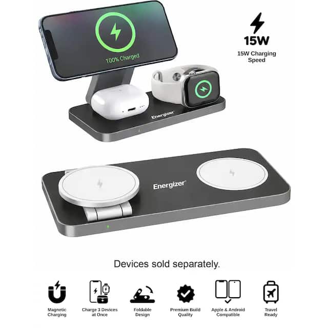 Energizer - 3-in-1 15W Magnetic MagSafe/Qi2 Fast 15W, Universal Charging Station/Stand for Phones + AirPods + Apple Watch - Black