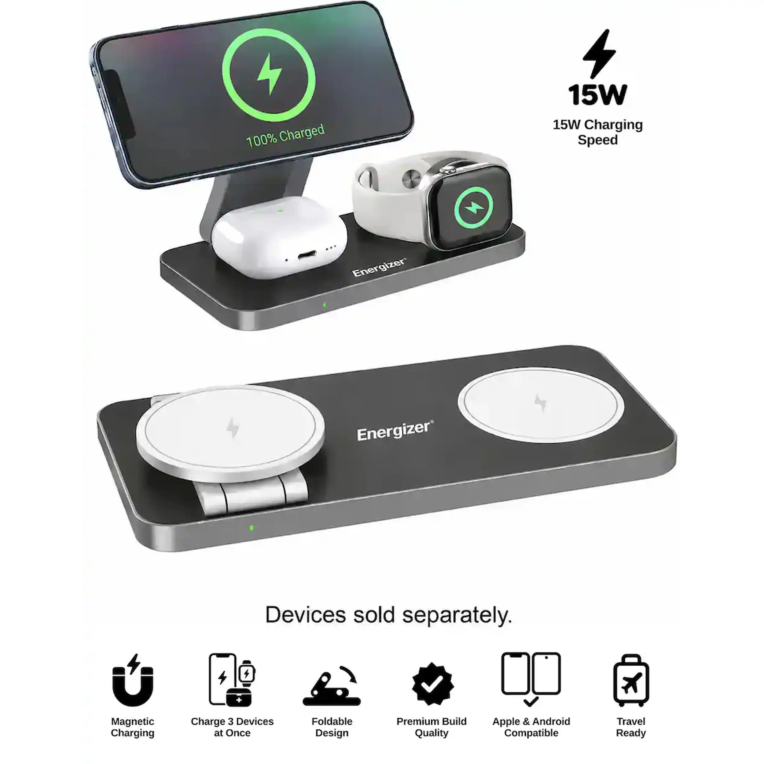 Energizer - 3-in-1 15W Magnetic MagSafe/Qi2 Fast 15W, Universal Charging Station/Stand for Phones + AirPods + Apple Watch - Black