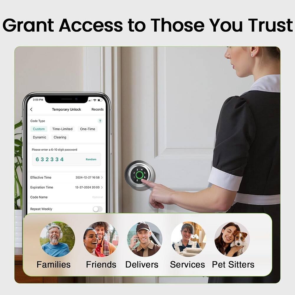 Grant Access to Those You Trust

Temporary Unlock

Code Type
- Custom
- Time-Limited
- One-Time
- Dynamic
- Clearing

Please enter a 6-10 digit password
632334

Effective Time
2024-12-27 16:58

Expiration Time
12-27-2024 20:00

Code Name
Optional

Repeat Weekly

Families Friends Deliverers Services Pet Sitters