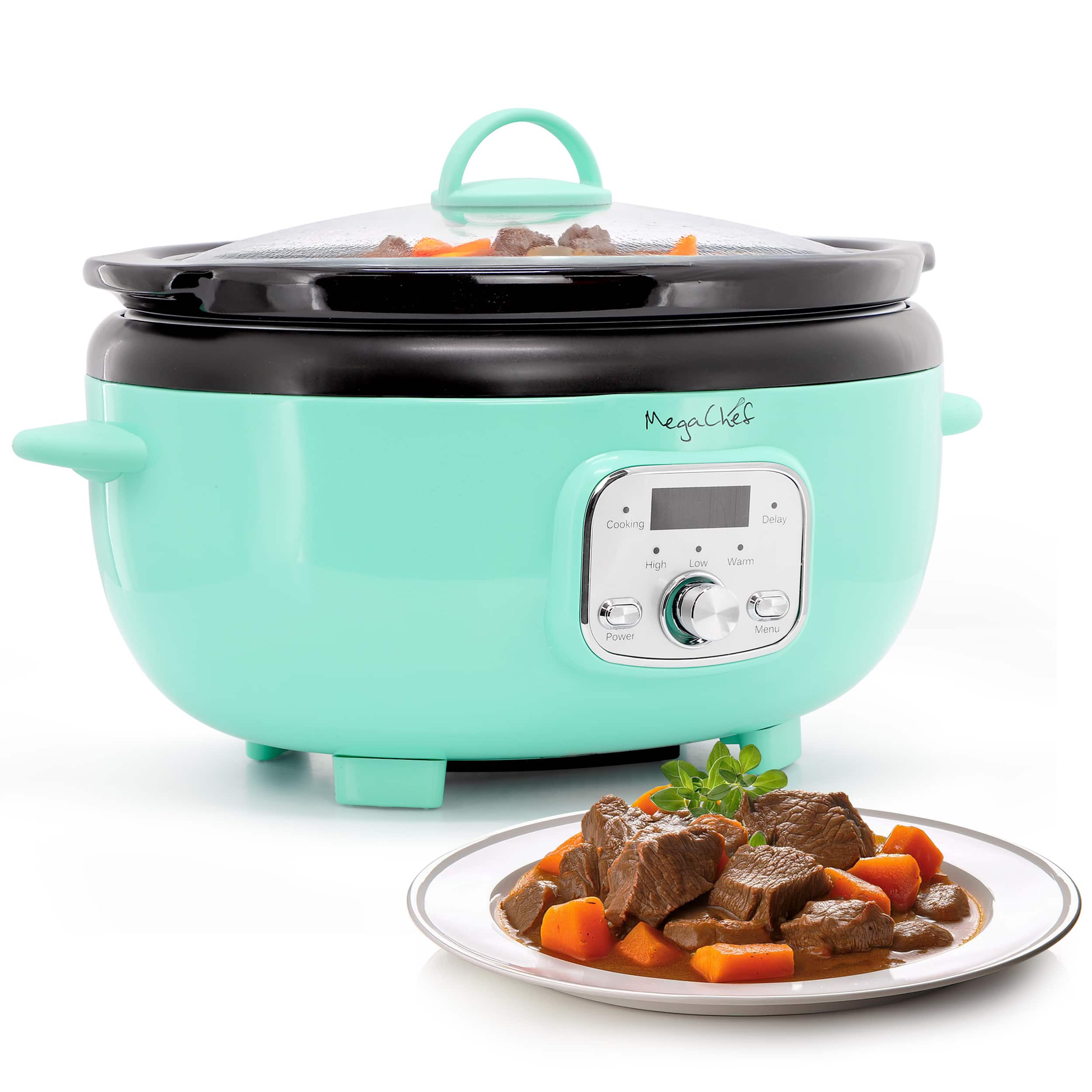 MegaChef - 6.9 Quart Oval Electric Slow Cooker with Black Pot - Turquoise