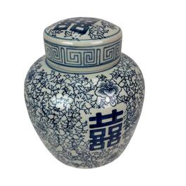 Things2Die4 - Blue White Double Happiness Decorative Ginger Jar Porcelain 9.5 in Lid - White and Blue