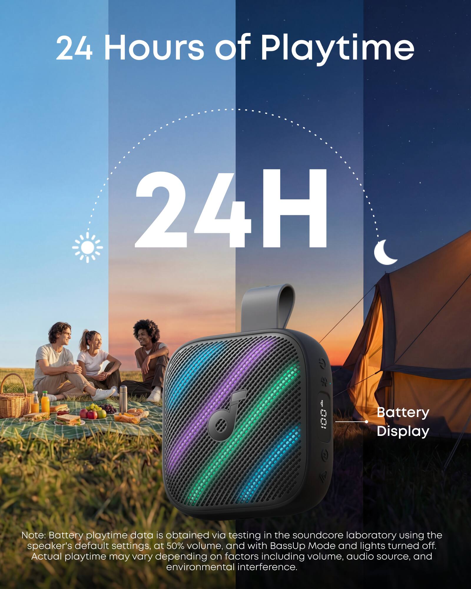 24 Hours of Playtime  
24H  

Battery Display  

Note: Battery playtime data is obtained via testing in the soundcore laboratory using the speaker's default settings, at 50% volume, and with BassUp Mode and lights turned off. Actual playtime may vary depending on factors including volume, audio source, and environmental interference.