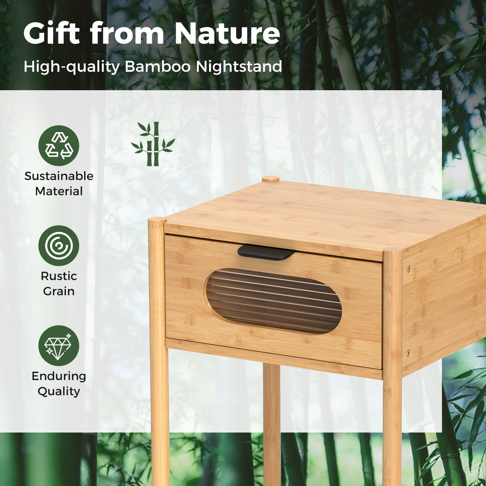 Gift from Nature: High-quality Bamboo Nightstand

- Sustainable Material
- Rustic Grain
- Enduring Quality