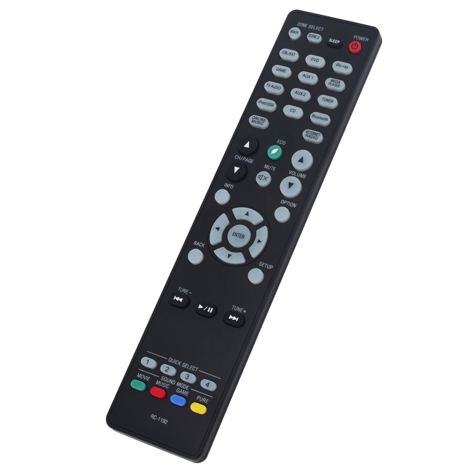 ZONE SELECT MAIN ZONE2 POWER SLEEP CBL/SAT DVD Blu-ray GAME AUX1 TVAUDIO PLATER SXZIA PodrUSB TUNER CO ONLINE MBluetooth MURIC RADIO INTERNET ECO CH/PAGE MUTE X VOLUME INFO OPTION BACK ENTER SETUP TUNE- 144 TUNE+ 1 1 QUICK 2 SELECT MOVIE 3 MUSIC SOUND 4 MODE GAME PURE RC-1192 AC-