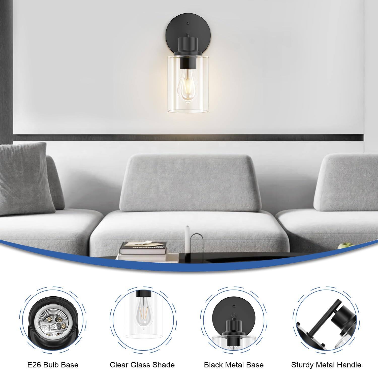 E26 Bulb Base  
Clear Glass Shade  
Black Metal Base  
Sturdy Metal Handle