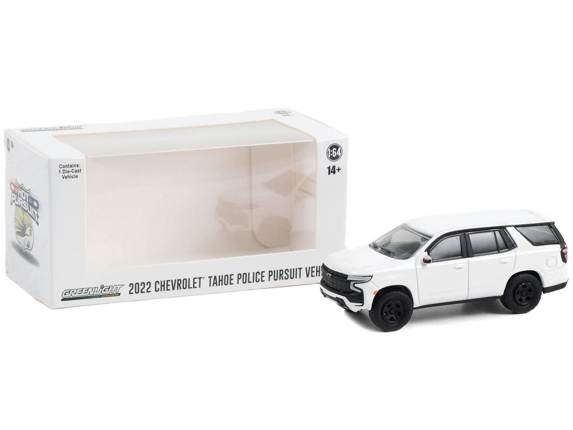 Contains: 1 Die-Cast Vehicle  
HOT PURSUIT  
1:64  
14+  
POLICE PURSUIT VEH  
CHEVROLET  
GREENLIGHT  
GHT  
2022  
2022 CHEVROLET TAHOE POLICE PURSUIT VEH